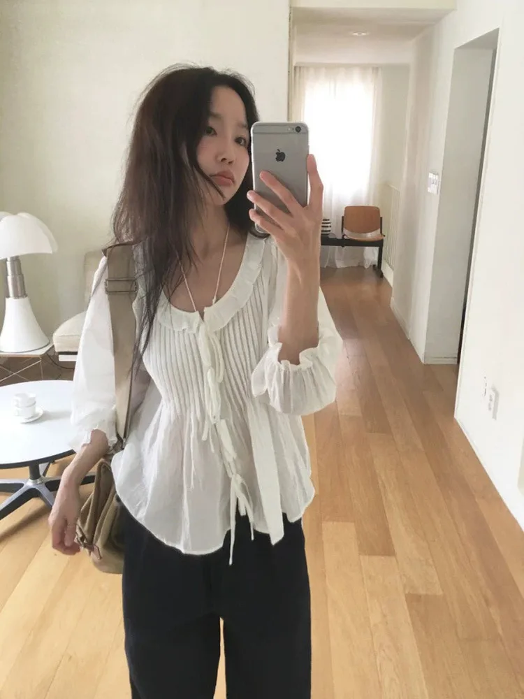 

Long Sve Pleated irt with Belt round Ne Lace Trim Breathable Cotton Polyester Blend Thin Summer Commute Sle Women's ...