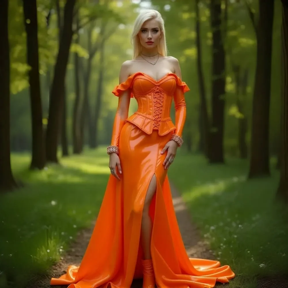 Gaun Prom Vintage Korset PU Oranye Mengkilap Gaun Malam Belahan Samping Lengan Panjang Bahu Terbuka Pakaian Acara Khusus untuk Wanita 202
