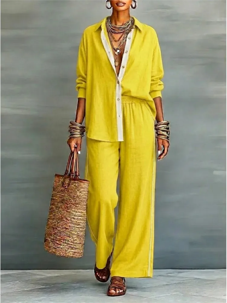 

Spring Autumn Women 2 Piece Set Elastic Waist Wide Leg Pants + Single-Breasted V-neck Shirt Top Sets Holiday Street Female Suit