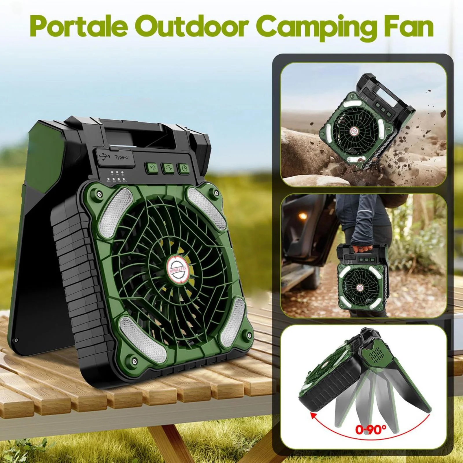 Solar Fan 5200MAH Type C Charging 4 Speed Adjustable Brushless Motor 4.5m/s Low Noise LED Timer Solar Camping Fan