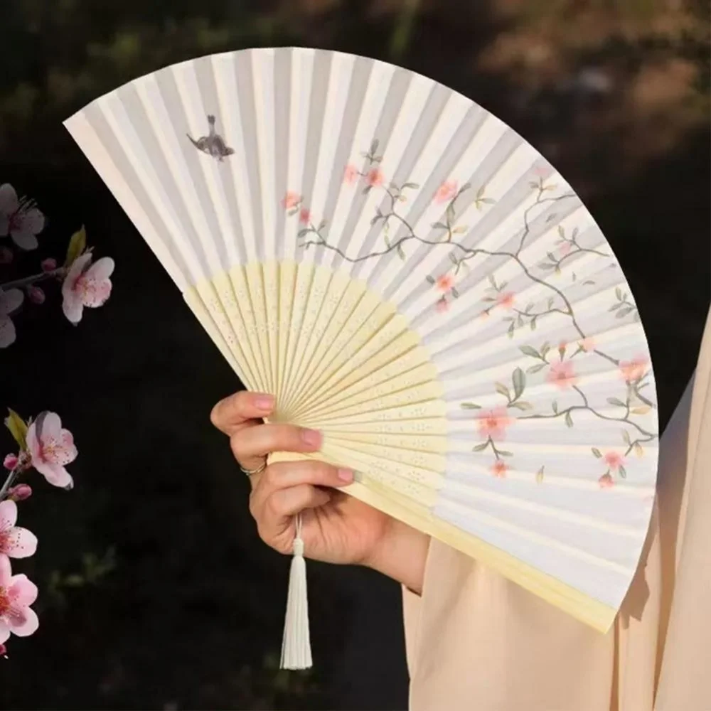 Chinese Style Folding Fan Flower Bird Print Folding Fan Decorative Folding Fan With Flower Bird Print Faux Silk Bamboo