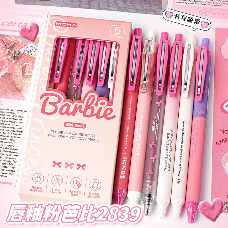 6 Pens/box Kawaii Barbie Black Gel Pen 0.5Mm Lack Ink Signature Pen Anime School Writing Supplies Stationery Children's Gifts