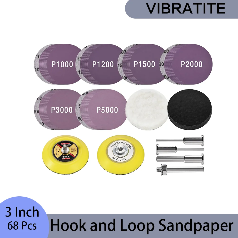 

3 Inch Wet and Dry Sandpaper 68 Pcs Assorted 1000-5000 Grits with Shank Foam Sanding Pads for Polishing and Sanding Cars Wheels