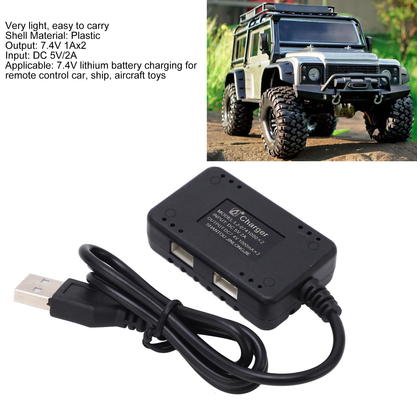 Chargeur d'équilibre de batterie LiPo 2 en 1 7.4V, chargeur USB noir Portable en plastique avec voyant lumineux pour voitures et bateaux Wltoys RC