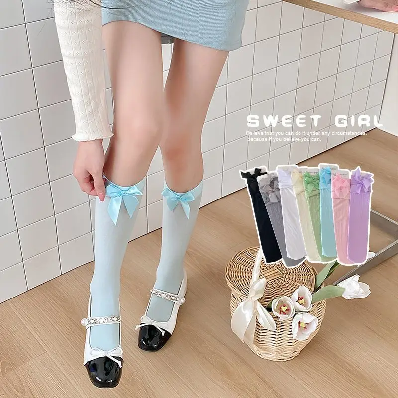 

Чулки, шелковые носки принцессы средней длины, белые носки до середины икры, носки Лолиты для девочек, летние тонкие носки принцессы с бантом для подруги