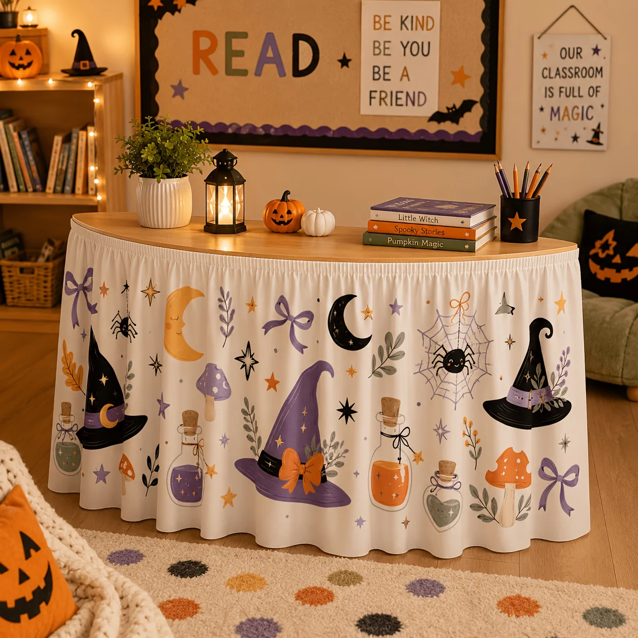 1 table skirt, cute and weird Halloween table skirt, purple night sky background, children's Halloween party decoration