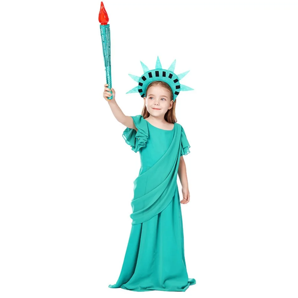 Torch Goddess Statue Character Costume for Adult Kids Green Chiffon Statue Of Liberty Costume Cosplay Halloween Party Dress ps66