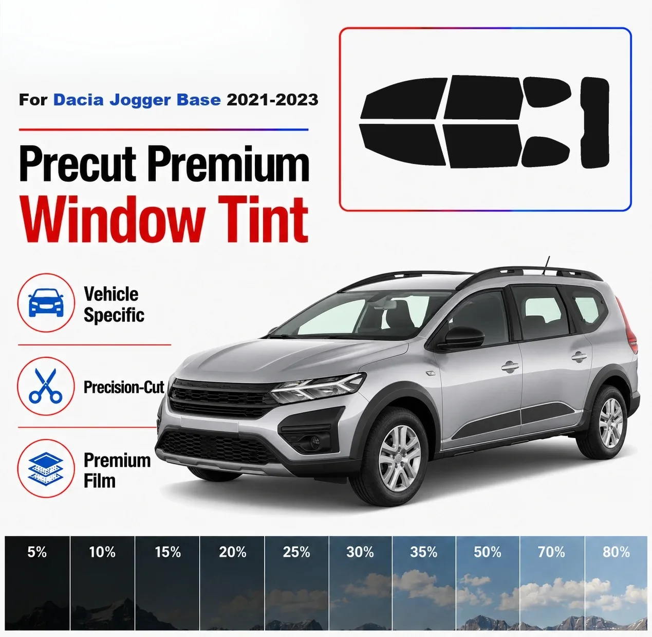 Premium Precut Window Tint Kit Front Rear Windows Rear Windshield For Dacia Jogger Base 2021-2023 Complete Set Nano Ceramic Film