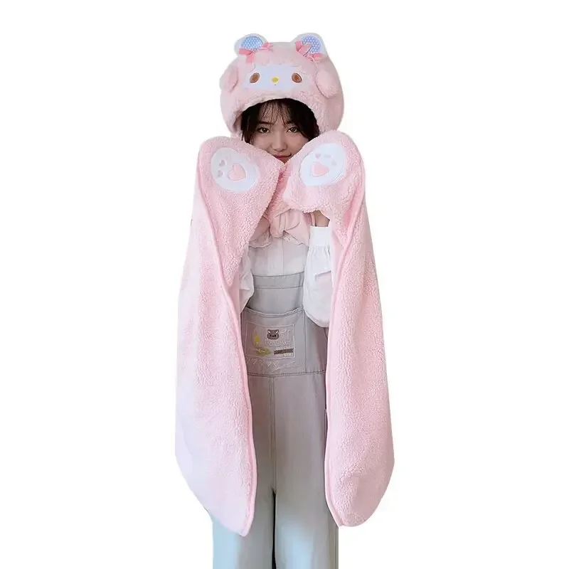 Cartoon Kawaii My Melody Plush Shawl Anime Accessories with Hat Cape Cloak for Winter and Autumn Warm Pink Decorated Girl Gifts