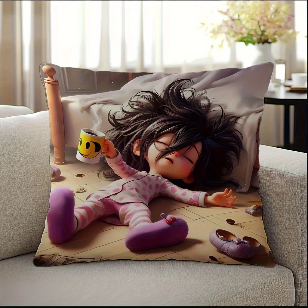 Square Pillowcase Sleepy Girl in Pajamas Pattern Ideal Gift for Holiday Birthday Car Bedroom Living Room Sofa Decor