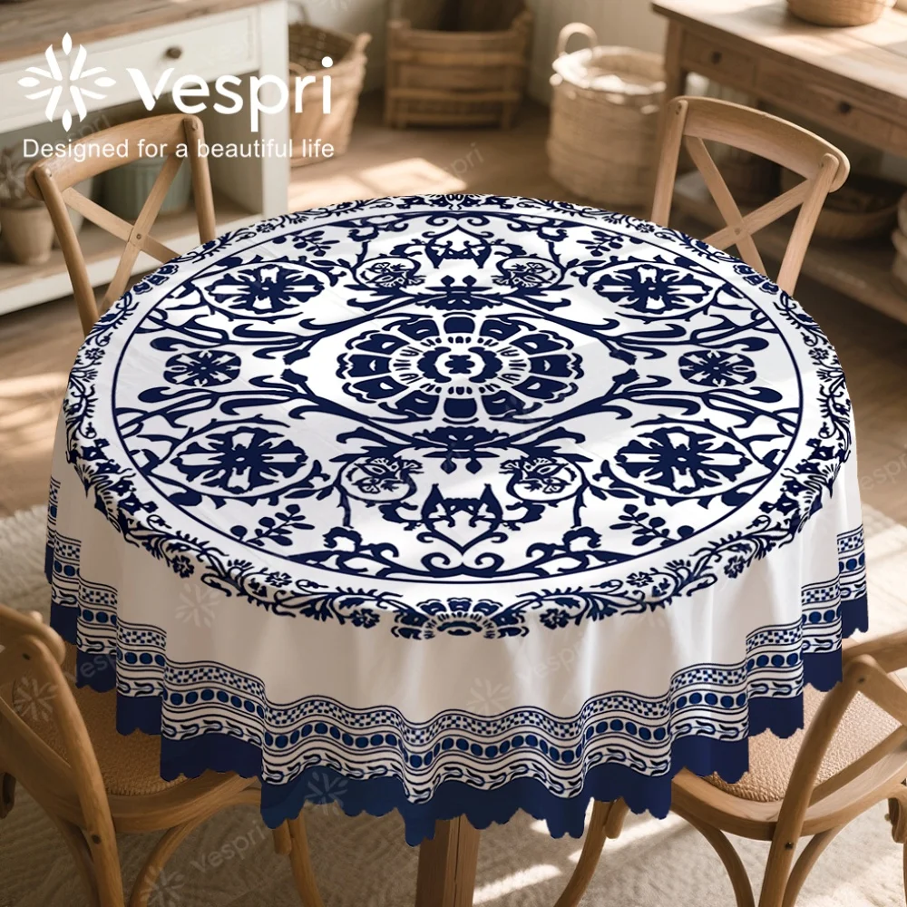 Vespri Geometric Tablecloth, European Style in Round Rectangular and Oval Shapes, Decorated in White and Blue with Floral Patterns Reminiscent of Blue and White Porcelain, Suitable for Dining Rooms Parties and Festivals