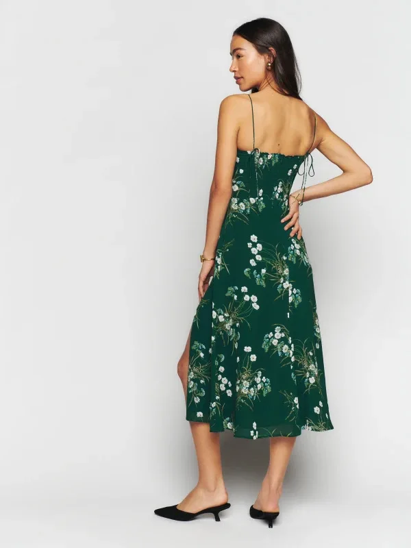 

French Style Retro Temperament Fashion High-end Green Printing Waistband Dress Women 2023 Summer New Women