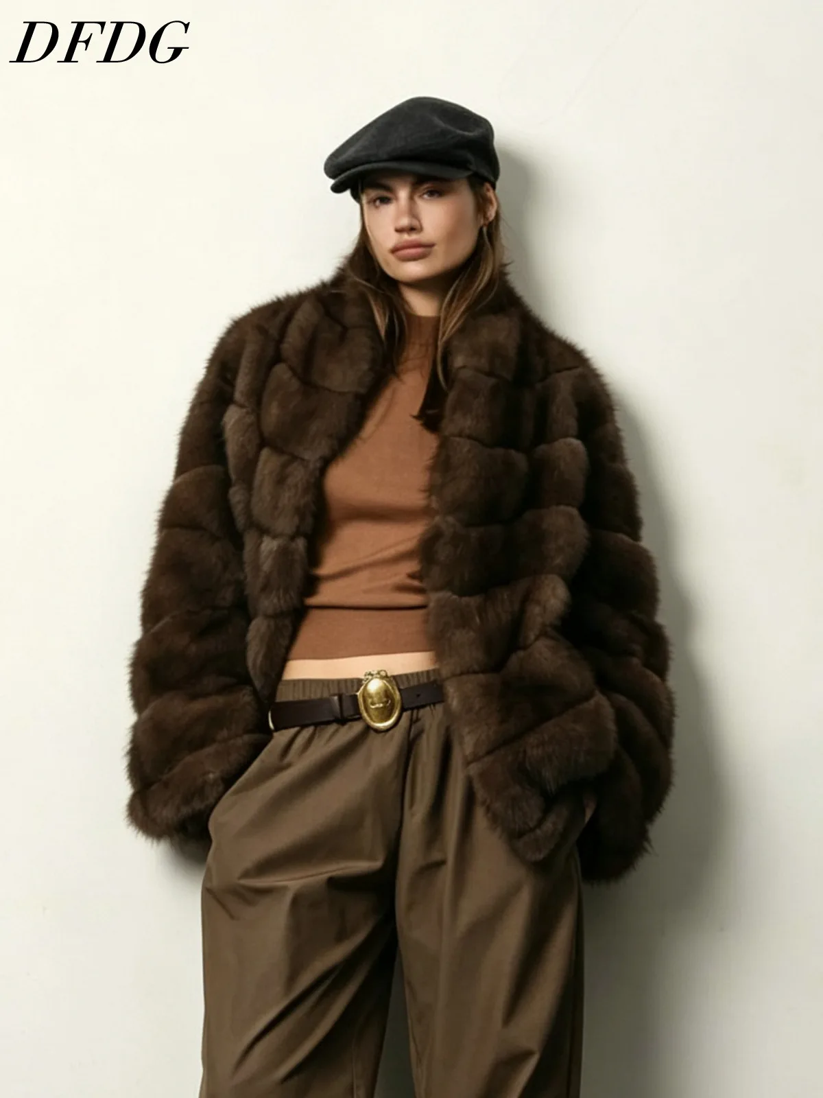 DFDG Women 2026 Horizontal Stripe Faux Fur Short Jacket Stand Collar Luxury Thick Warm Winter Daily Outerwear Fashion Fur Coat