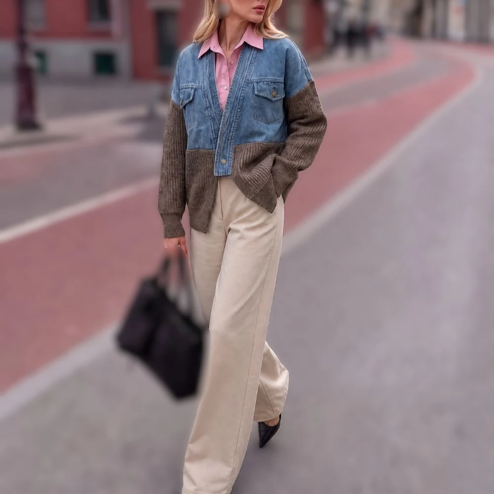 Womens Polyester Knitted Cardigan Coat in Regular Length with Fashionable Spliced Style for Autumn and Winter Use