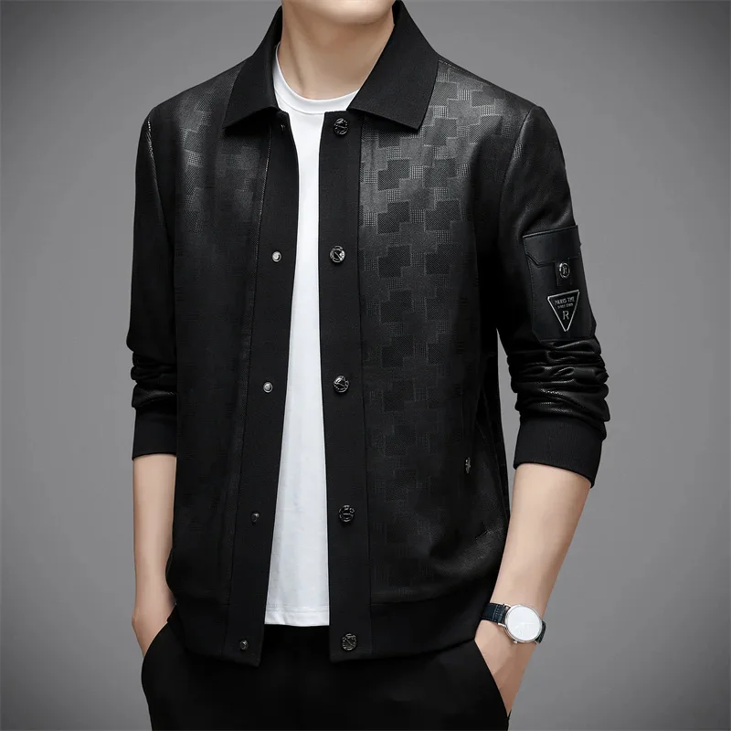 Men's coat lapel high-end light luxury plaid jacquard cardigan jacket exquisite pockets top trend casual men's tops