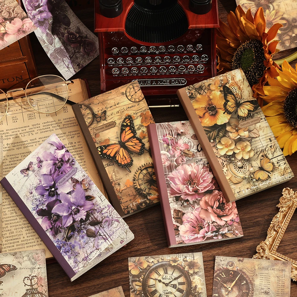 60 sheets Vintage Flower Butterfly Non-sticky Scrapbook Paper Book Decorative Background Material Paper For Journaling Supplies