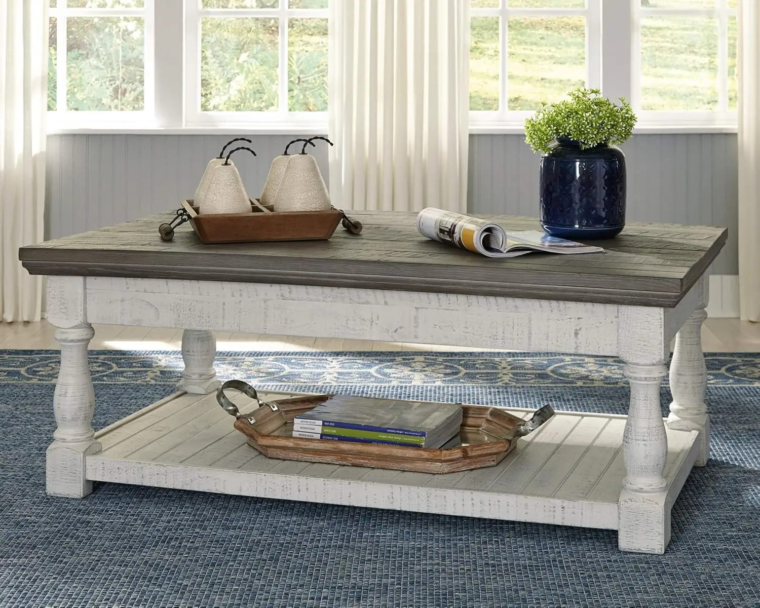 Havalance Farmhouse Lift Top Coffee Table with Fixed Shelf and 2 Hidden Storage Trays, Gray & White w