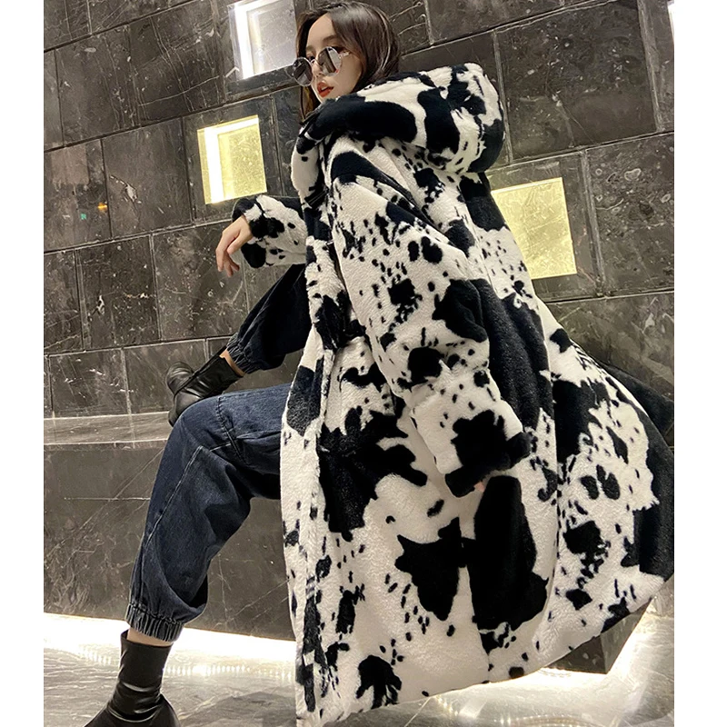 Cow Print Fur Coat Women Winter Parka Jacket Faux Rabbit Fur Hooded Long Coat Thick Warm Couple Clothes Lady Mink Coat