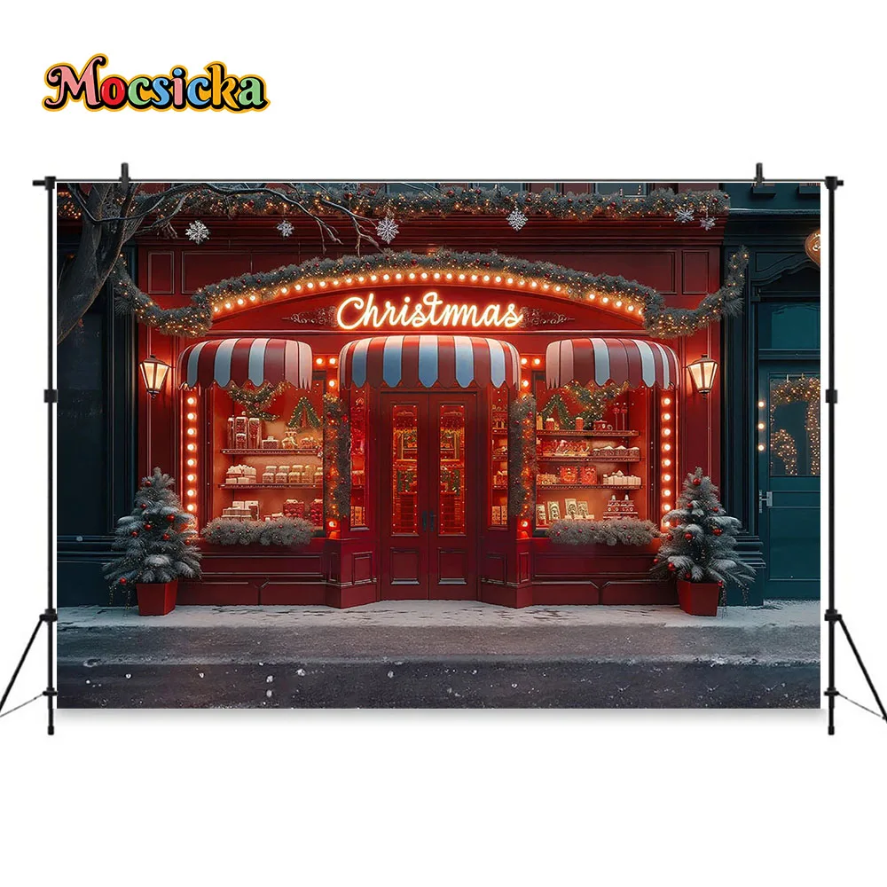 خلفية التصوير الفوتوغرافي لمتاجر هدايا الكريسماس ، متجر قصب الحلوى الحمراء ، خلفية لمعان الشارع ، استوديو فوتوزون للشتاء