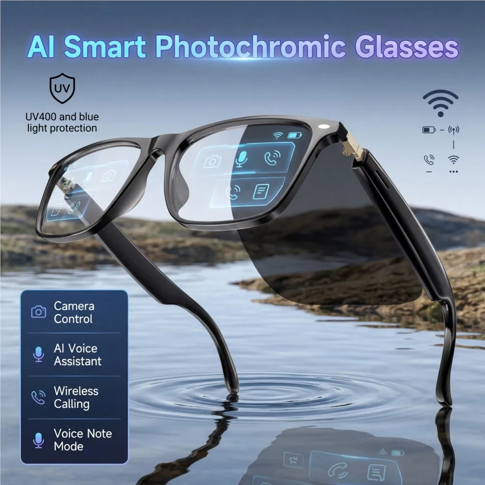 

Фотохромные умные очки с камерой, управлением по Bluetooth, AI-ассистентом для Siri, музыкальным плеером, функцией заметок для встреч, защитой от УФ400 и синего света