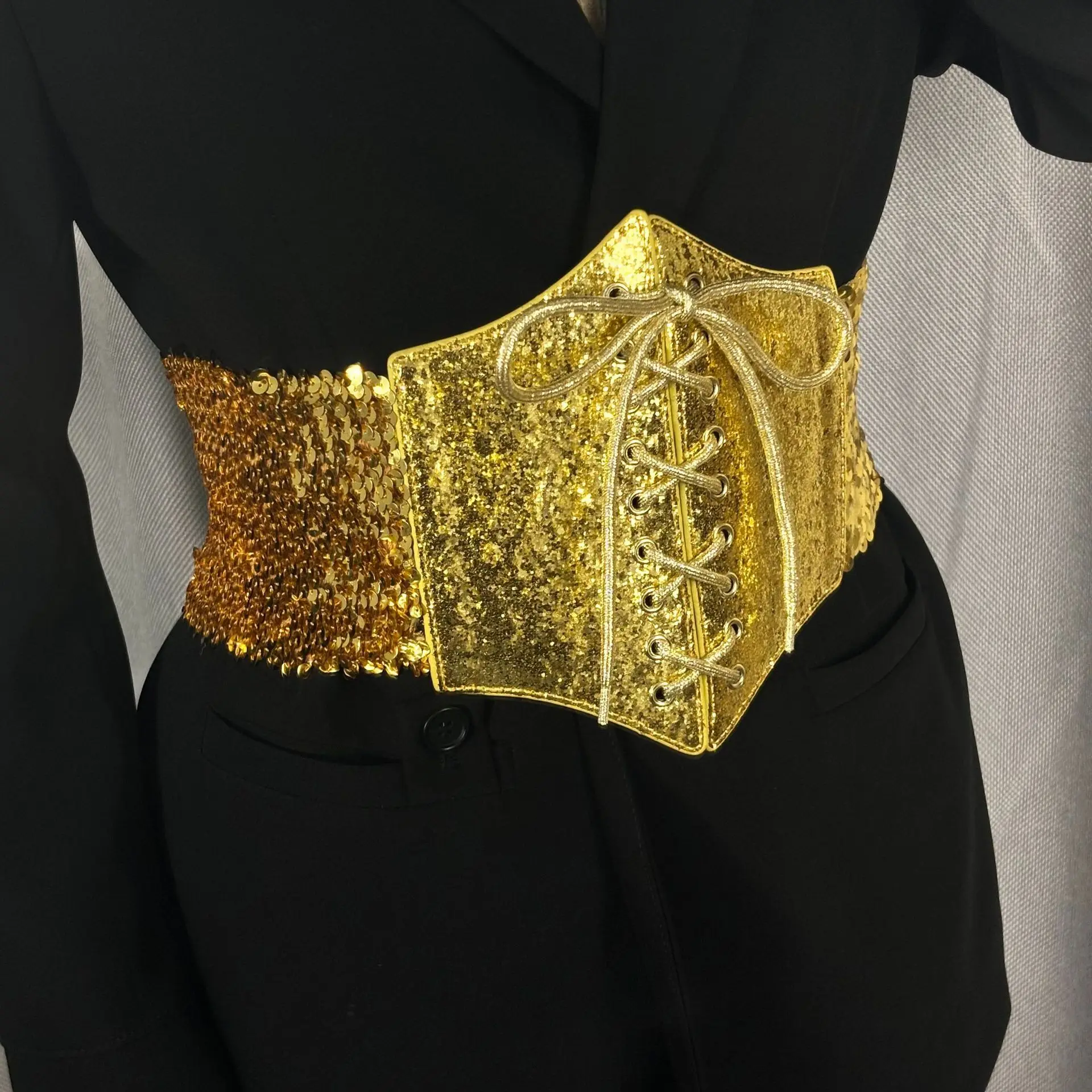 トレンドファッショナブルな多用途ヴィンテージコルセットパンクスパンコールワイドウエストバンドカマーバンドレディースドレス弾性ガードル装飾