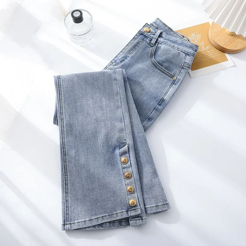 Jeans slim de cintura alta, moda casual, novo, moda primavera e outono, jeans de nove pontos, 2023