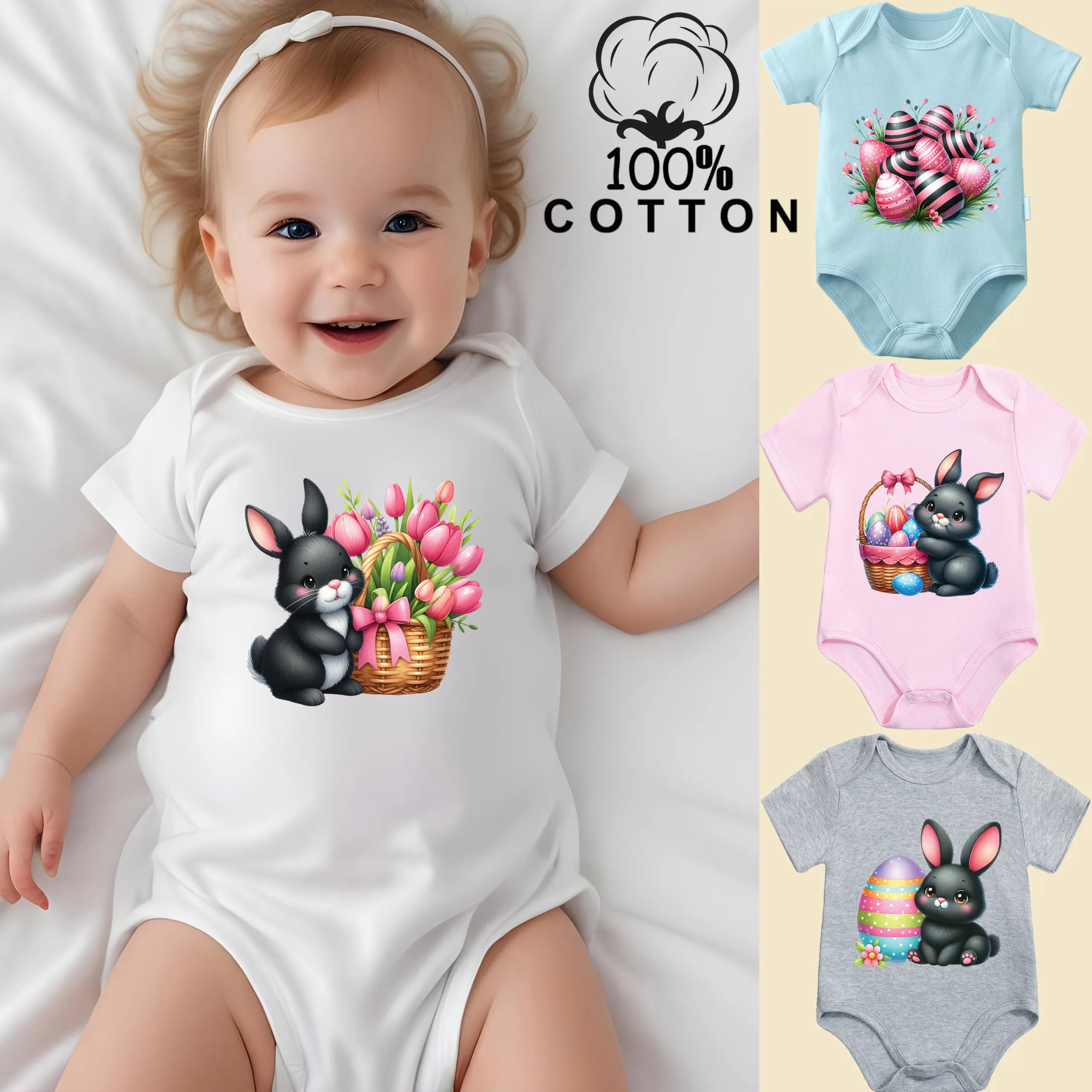 

Комбинезон из 100% хлопка с принтом «Счастливого Пасхального дня» и разноцветными яйцами, удобная одежда для малышей, комбинезон для новорожденных от 0 до 12 месяцев