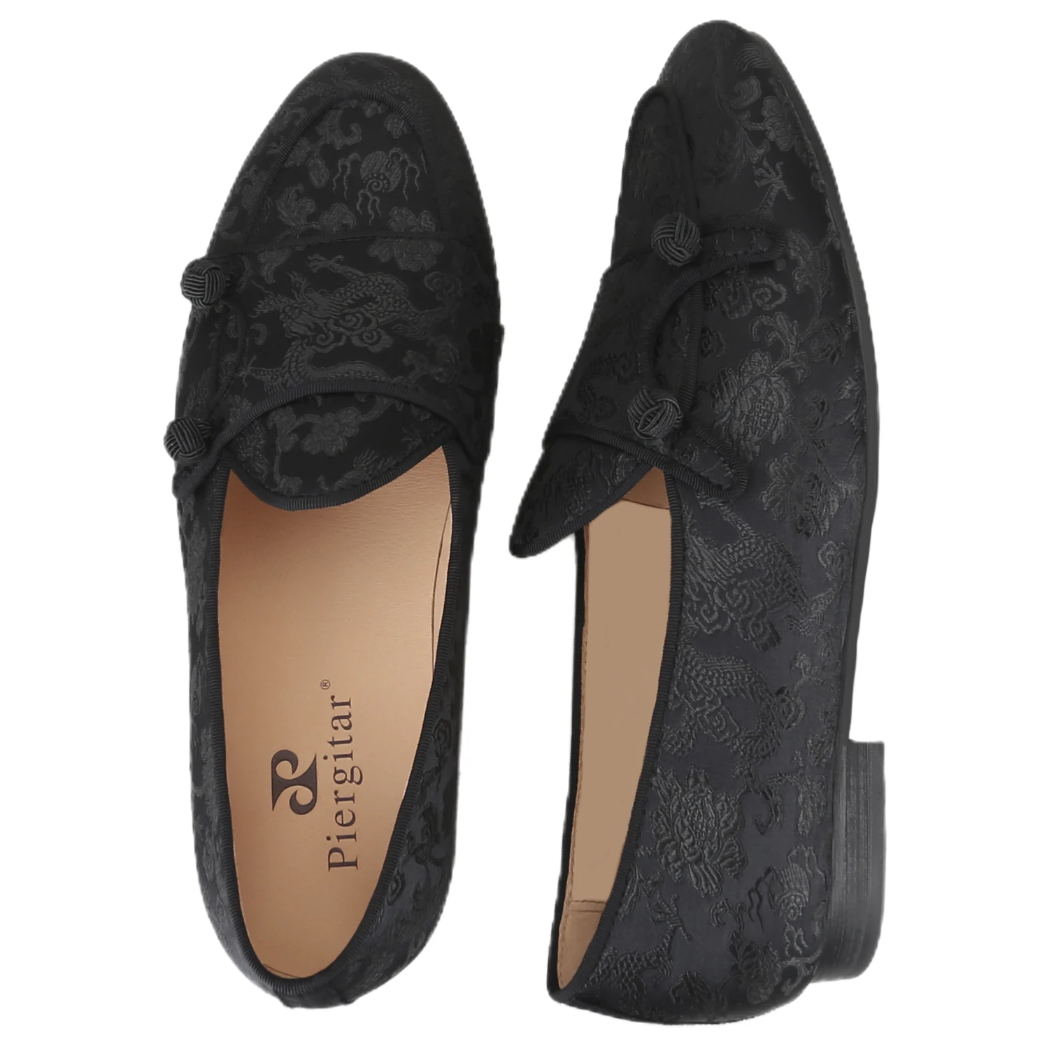 Piergitar Black Paisley Dragon Print Satin Double-Monk Shoes With Handcrafted Spherical Button Chinese Retro Style Men's Loafers