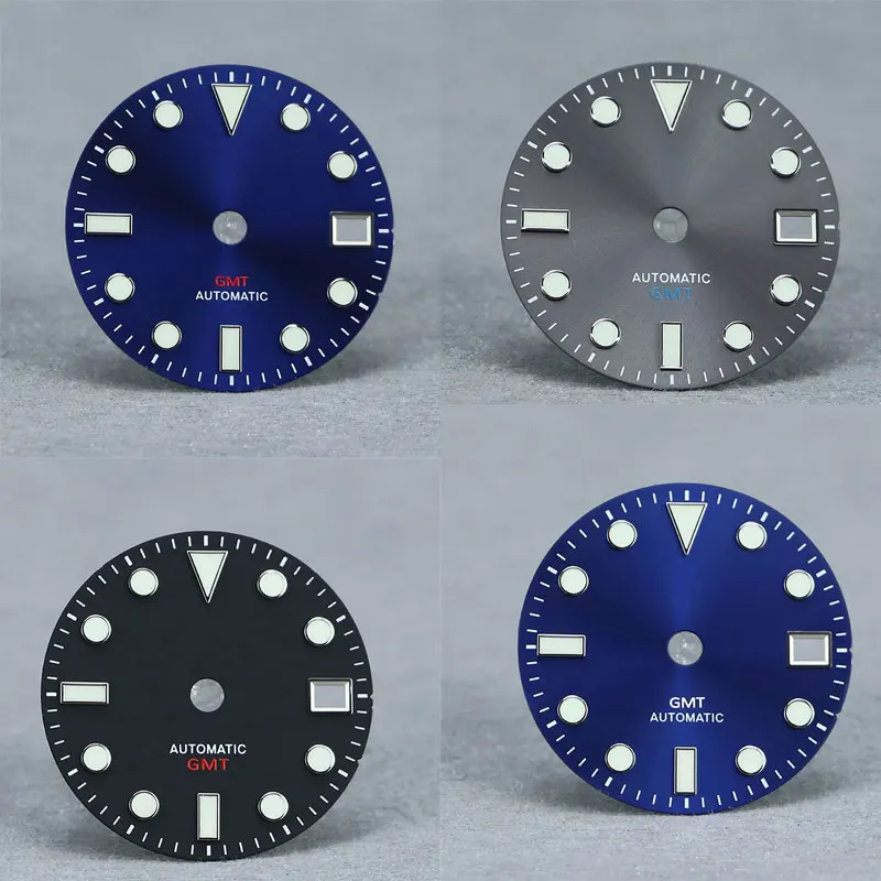 

Watch Parts 28.5mm Black/Blue/Grey Sterile Watch Dial Blue Luminous Marks Suitable For NH34 GMT Automatic Movement