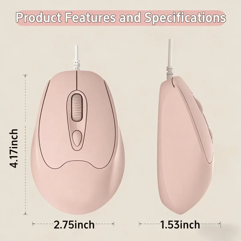 Pretty Wired Pink USB Mouse Designed for Women, Loud Click Button, Plug‑and‑Play for Office and Home