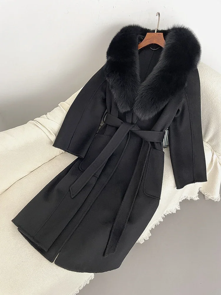 Abrigo de mezcla de lana de piel de zorro Real para mujer, chaqueta elegante con cuello vuelto, ropa de abrigo larga con cinturón suelto, otoño e invierno, 2024