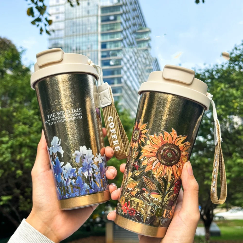 

Flower Pattern Titanium Water Bottle Coffee Cups Insulated Water Bottle Wide Mouthed Cup Leakproof & Packable for Travel & Sport