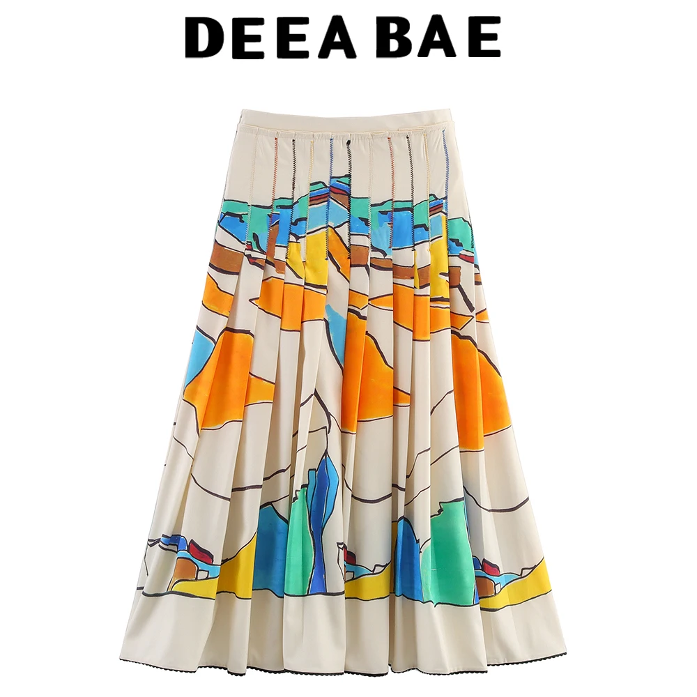

DEEABAE Women's Summer New Fashionable Personalized Temperament Versatile Wide pleated Printed Half length Skirt