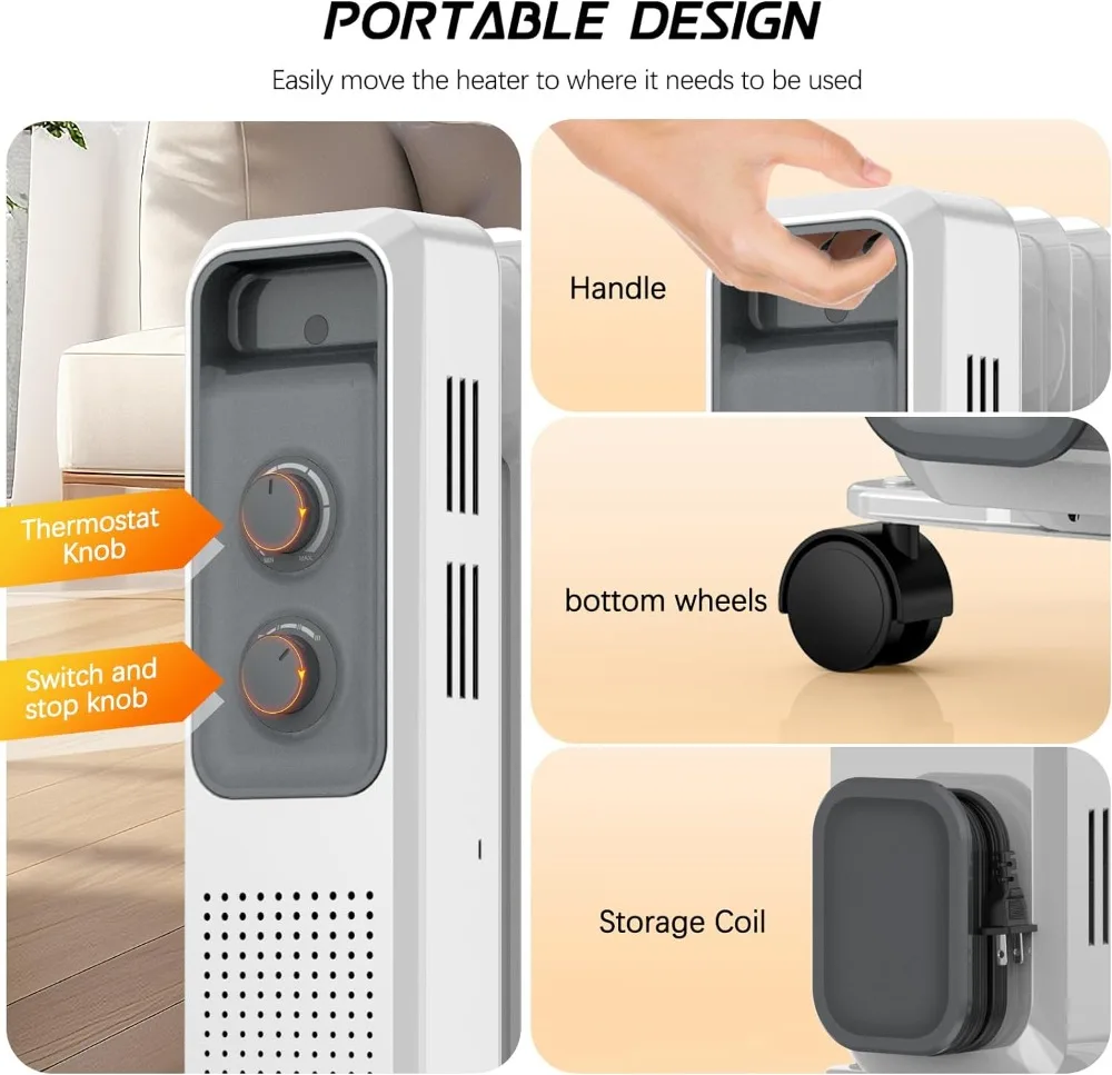 Oil Filled Radiator Heater, 1500W Electric Radiant Heaters for Indoor Use With 3 Heat Settings,Radiator Heater