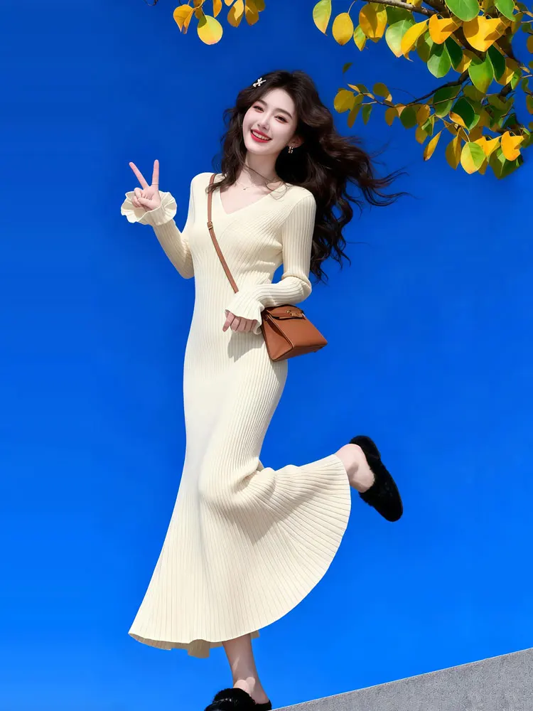 

Soft V-Ne Knitted Dr Women's Slim Fit Inner Wear Base Sweater Wrap around Fi Tail Long Skirt Casual High Waist Autumn ...