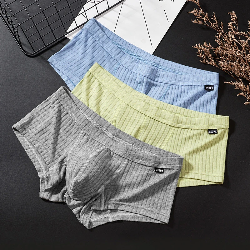 Mens Boxer Trunks Low Waist Sweat Breathable Shorts Peni Enhancing Pouch Panties New Striped Underpants For Male Boxershorts