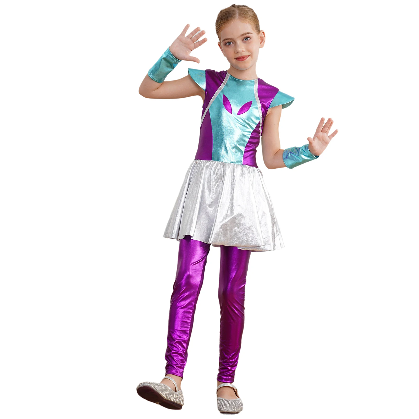 Kids Girls Alien Robot Cosplay Costume Sleeveless Metallic Outer Space Cutie Bodysuit Halloween Carnival Themed Party Dress Up