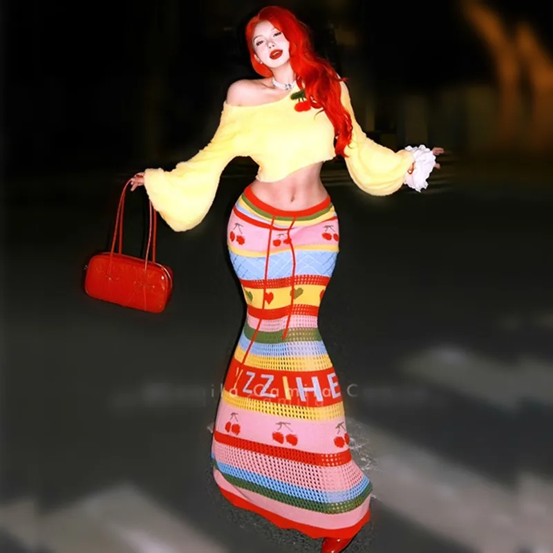2PCS Women Knitted Loose Lantern Sleeve Slash Neck Tops And Long Rainbow Stripped Cherry Party Young Lady Skirt Suits Set NZ186