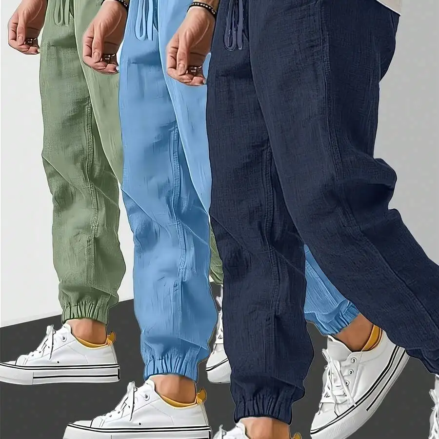 3pcs, 8 Colors Available - Men's Textured Cool Sport Pants For Spring, Summer, And Fall, Loose-Fit Cuffed Legs For All Seasons,