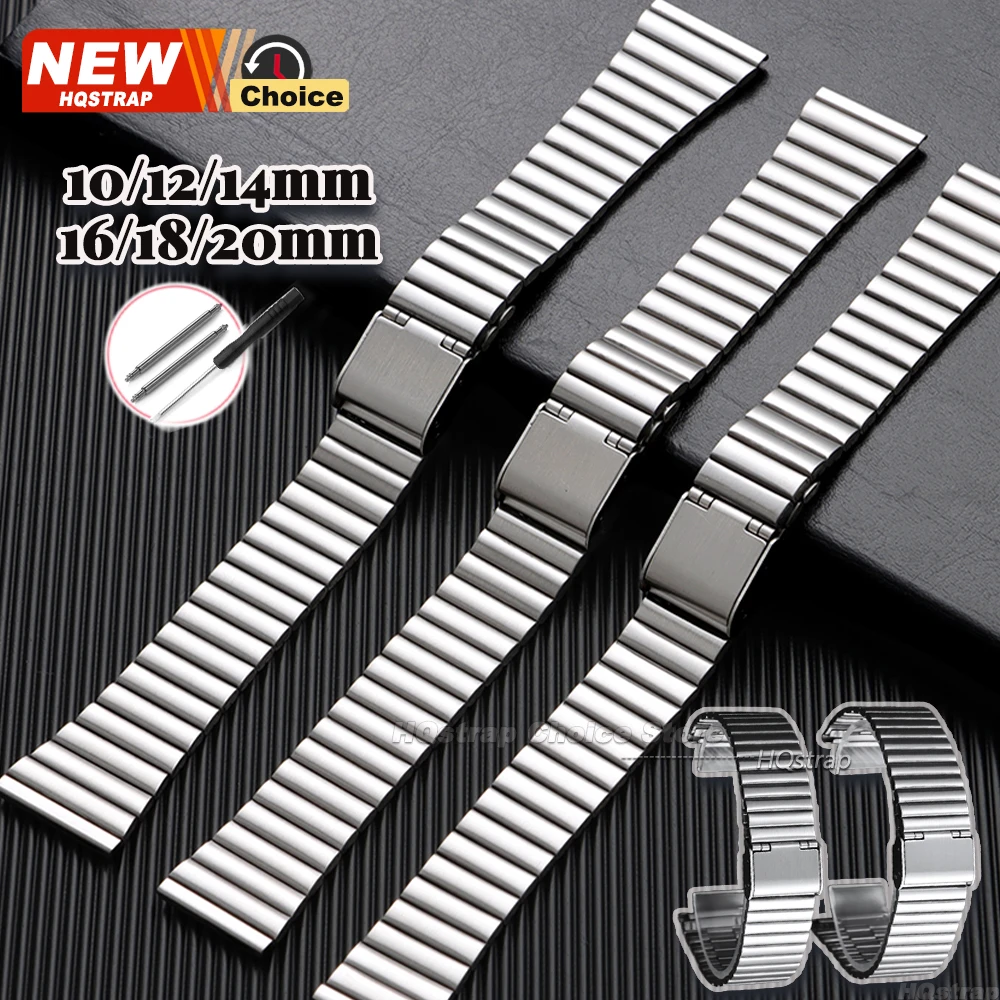 New Stainless Steel Strap 10mm 12mm 14mm 16mm 18mm 20mm Watchband Thin Metal Watch Band for Women Thin Bracelets Men Belt Silver