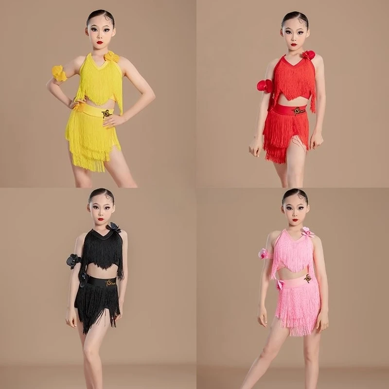 

New Girls' Latin Dance Dress Summer Children Latin Practice Wear Black Fringe Dress Competition Suit Samba Cha Cha Costume