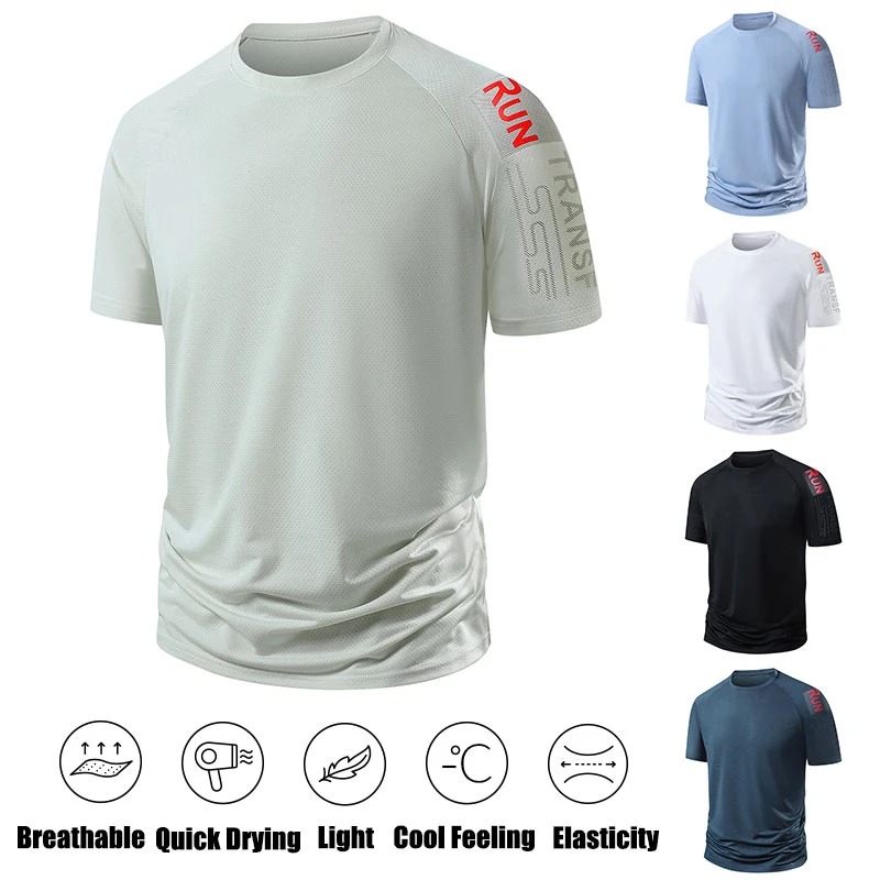 Men's Quick Dry Short Sleeve T-Shirt Moisture Wicking Round Neck Gym Running Sport Shirt Summer Men Printed Mesh Short Sleeves