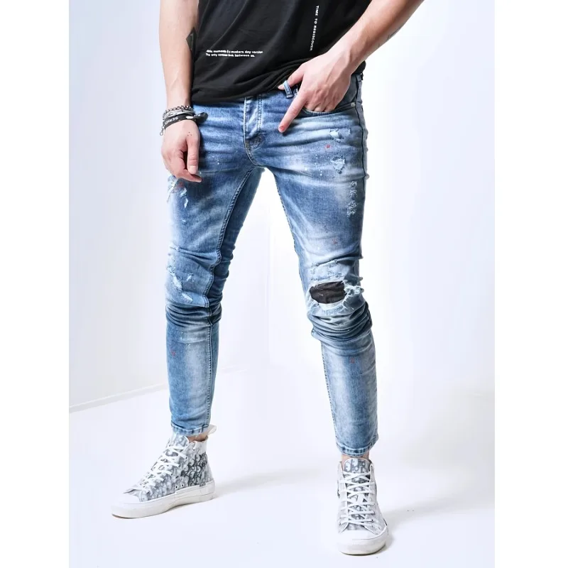 Trendy Street Slim Fit Heren Patched Jeans Luxe Merk Jeans Herenkleding Denims Tranen Streetwear voor Heren Strass Broek Heren