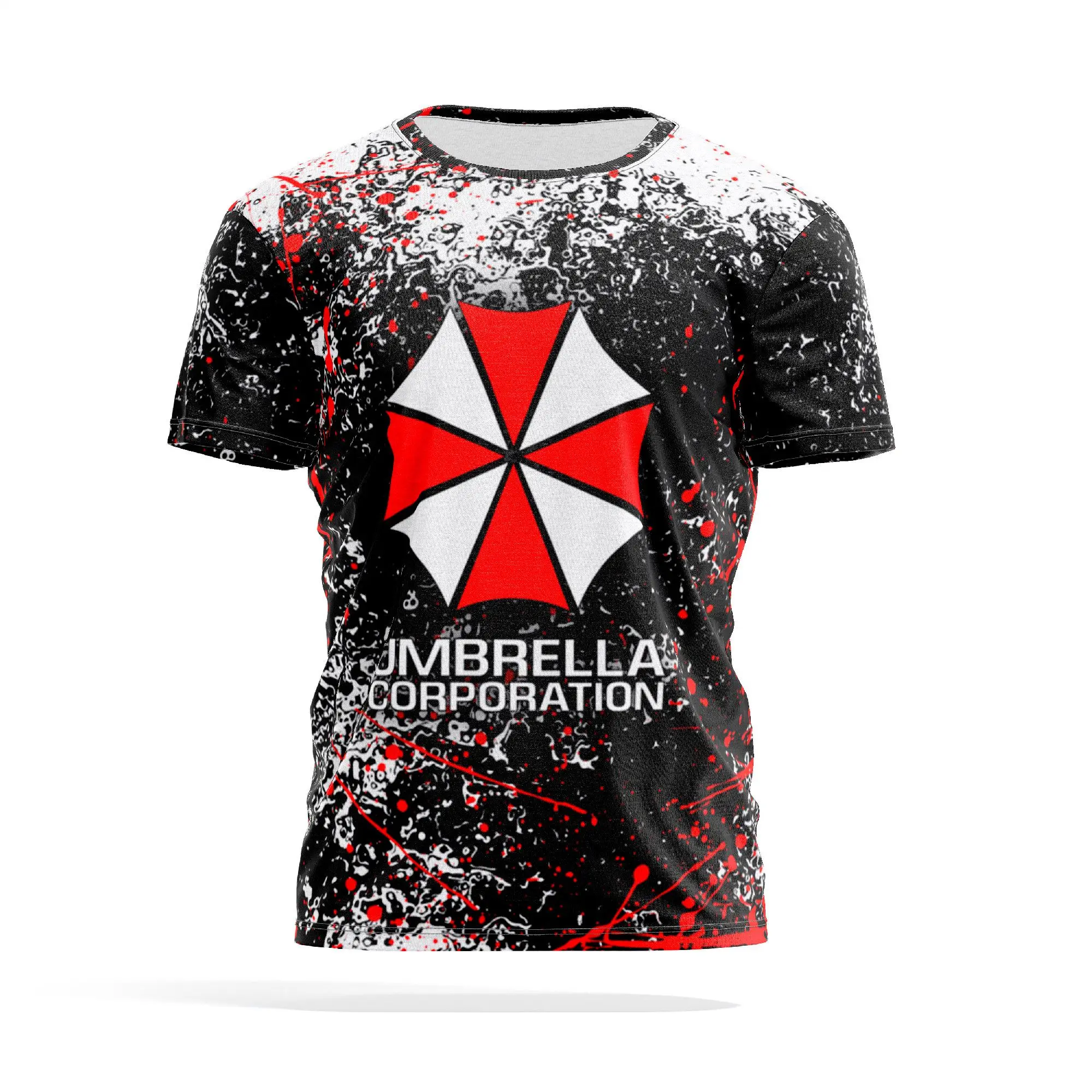 

Resident Evil Umbrella Corporation Graphic T - Shirt - Black with Red & White Splatter Print Iconic Logo Stylish Casual Tee