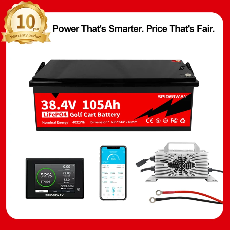 

36V 105Ah LiFePO4 Lithium Battery + Charger for Golf Cart Marine Solar Motorhome 9.68 kW Power Output, Rechargeable LiFePO4