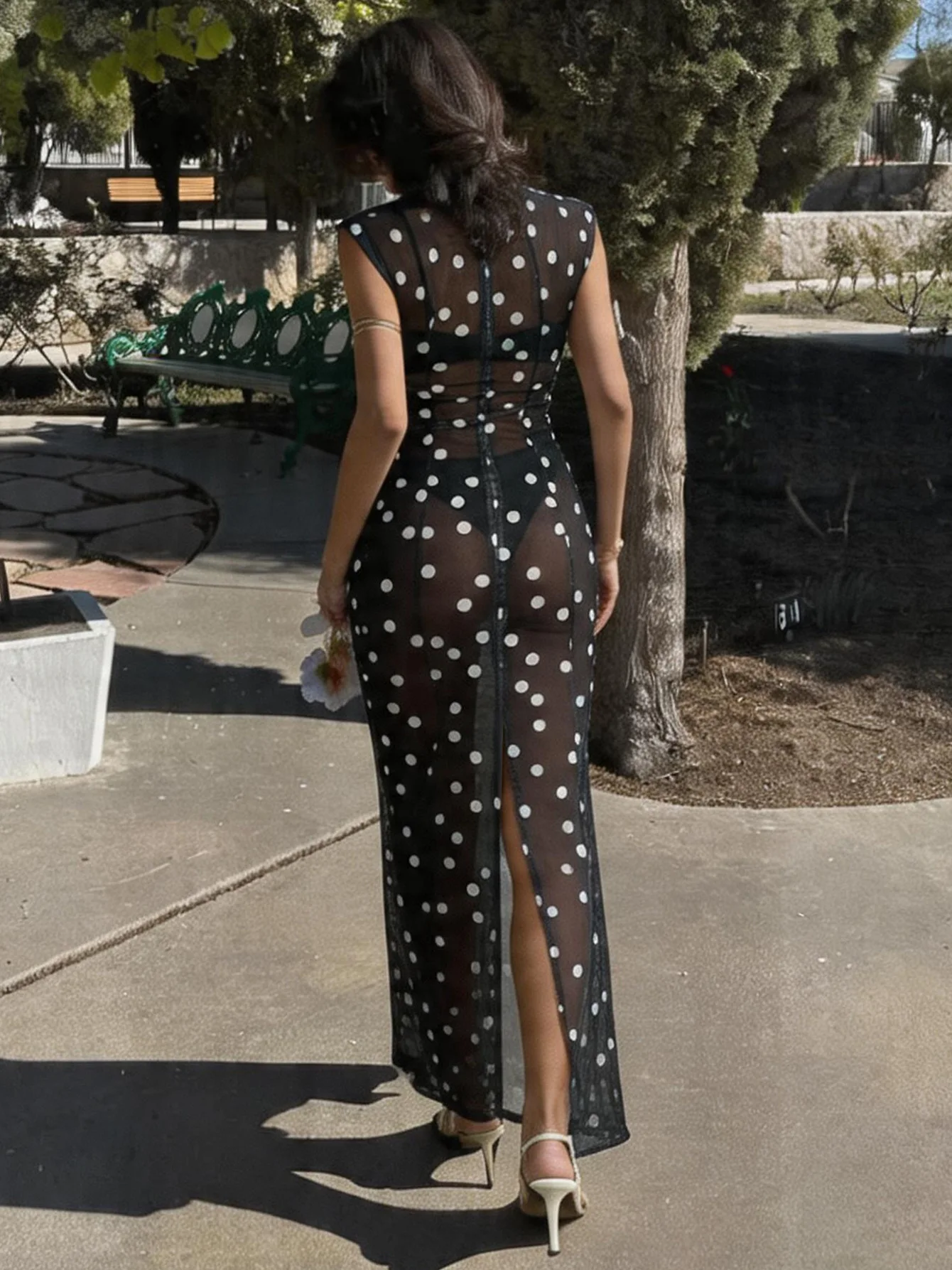 Sexy Polka Dot Long Dress for Women Transparent Turtleneck Slit Maxi Curvy Dresses Evening Party Black New Club Holiday Vacation view 5