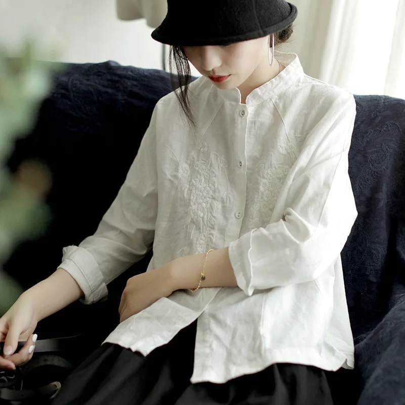 

NINI WONDERLAND 2023 Весенняя хлопковая льняная белая рубашка с вышивкой летние женские винтажные топы с воротником-стойкой Женские повседневные рубашки