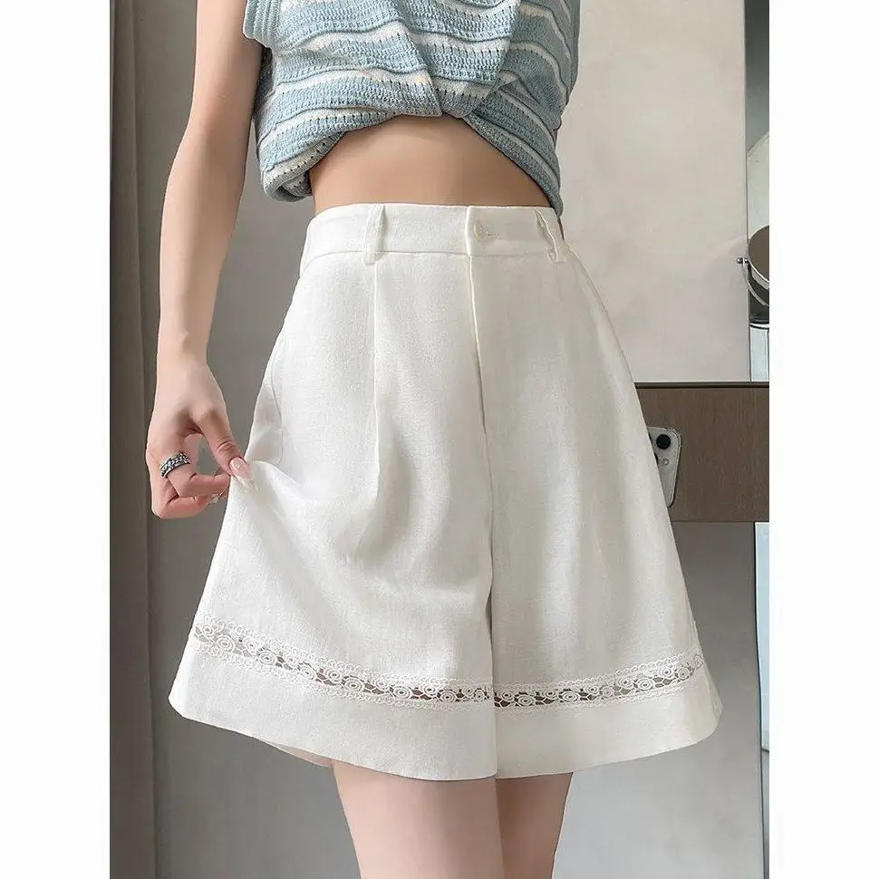 Summer Women A-Line Shorts 2026 New Woman Wide-leg Casual Shorts Female Hollow-out Lace Blazer Shorts Korean Style Loose Shorts