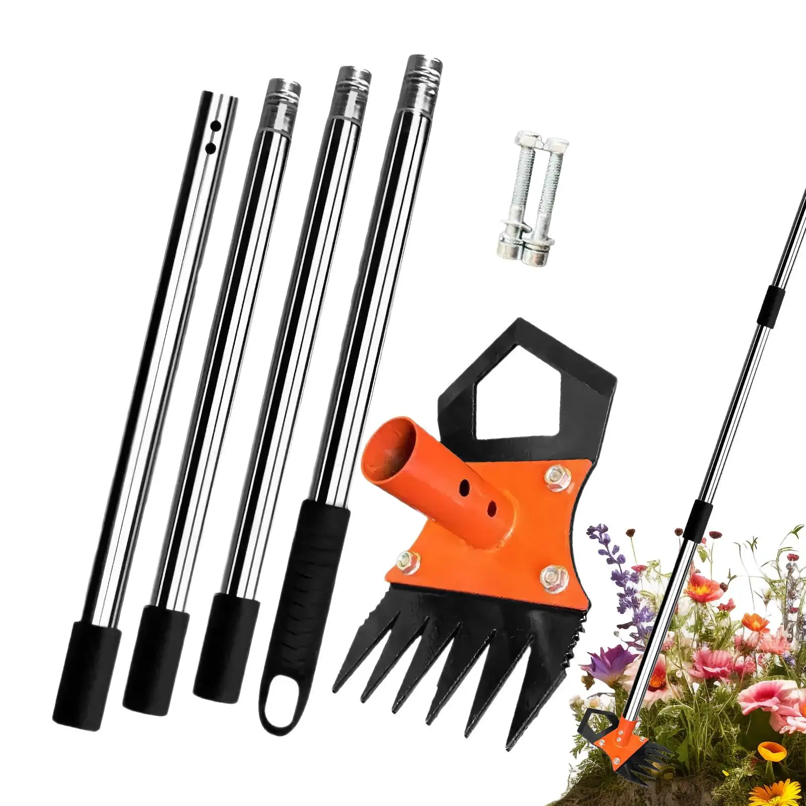 Garden Hand Rake Tool Double Headed Hoe Rake Soil Loosening Tool With 4-Section Adjustable Handle Detachable Grass Rake