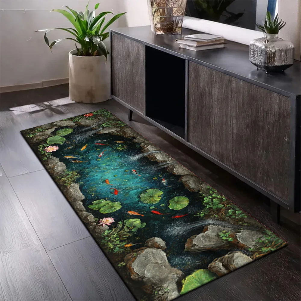Stone Pond Lotus Koi Fish Runner Mat Anti Slip Absorbent Rug Oriental Water Lily Carp Print Carpet for Hall Kitchen Bathroom